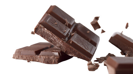 Dark chocolate breaking apart, isolated on transparent background