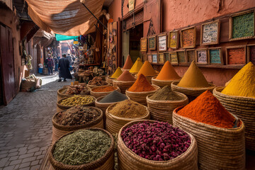 Kolorowe przyprawy na tradycyjnym marokańskim targu w Marrakeszu. Aromatyczne mieszanki, intensywne barwy i zapachy orientu tworzą wyjątkową atmosferę souku.