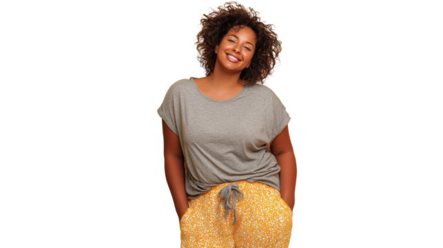 Cheerful woman wearing casual outfit, smiling against a white isolated background. - Powered by Adobe