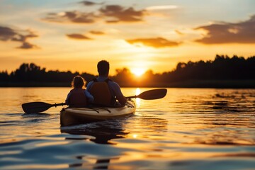 Sunset kayak ride, happy dad and daughter sharing joyful bonding time