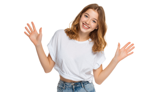 Cheerful young woman waving hands, smiling broadly, casual attire, isolated on white background.