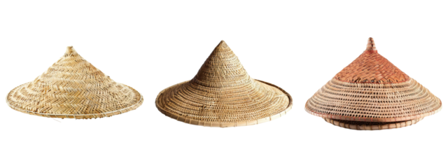 Three conical asian straw hats with transparent background