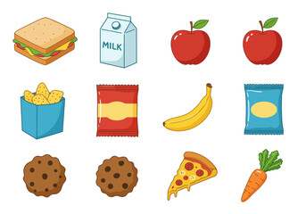 Cartoonstyle layout of food items sandwich milk apples chips banana cookies pizza carrot