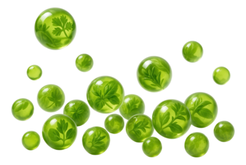Spherical gel beads bounce and roll, capturing the essence of fresh herbs.