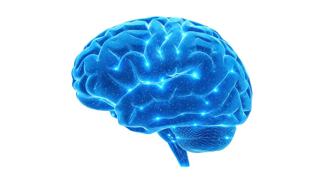 A glowing blue brain with electrical connections on a black background view transparent background , no background