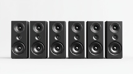 3D lineup of speakers in a row on white background