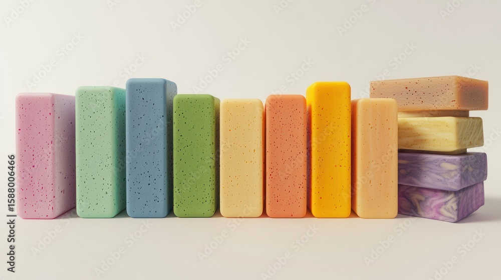 Poster 3d lineup of soap bars in different colors on white