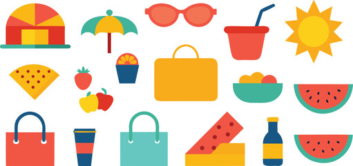 Vector art of a vibrant collection of colorful flat icons representing summer vacation activities and items isolated on transparent background.