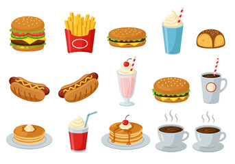 Fastfood feast Burgers fries hot dogs shakes pancakes and coffee populate a vibrant cartoonish culinary spread
