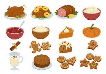 Festive food icons turkey ham pie cookies pumpkin and more arranged on a white backdrop