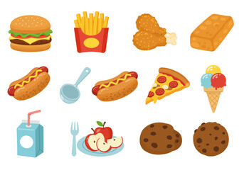 Food a cartoon burger fries chicken bread hot dogs ladle pizza ice cream juice apple cookies
