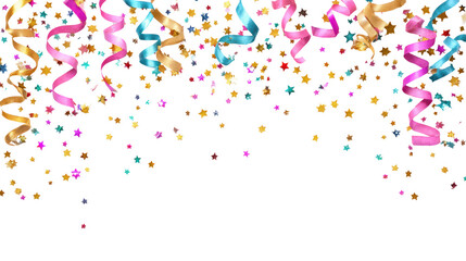 Colorful confetti and streamers falling against a black background, perfect for celebrations and festive occasions.