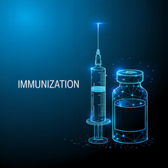 A digital medical illustration of a vaccine vial and syringe rendered in a futuristic wireframe style against a deep blue gradie.
