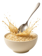 Spoon dropping into oatmeal, a wave of steam billowing up.