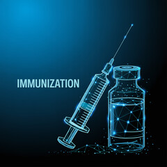 A digital medical illustration of a vaccine vial and syringe rendered in a futuristic wireframe style against a deep blue gradie.