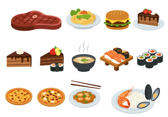 Food icons present an assortment of dishes steak pasta burger cakes sushi pizza soup seafood and curry
