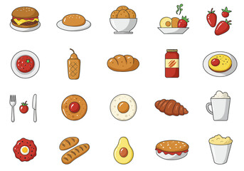 Food icons show burger bread egg strawberries and coffee on a white background