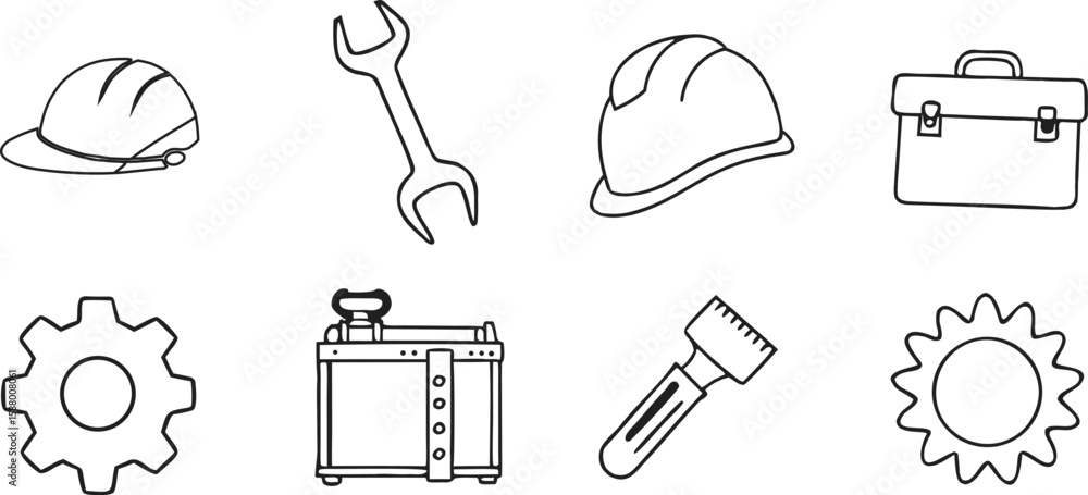 Poster vector art of a simple collection of black and white outline icons representing construction and wor