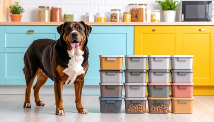 Large dog standing next to organized food storage containers in a colorful kitchen with playful ambiance and bright colors