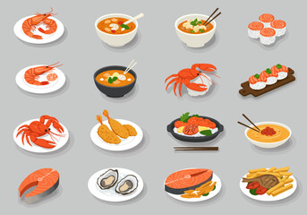 Food image showing various seafood dishes in a flat isometric style
