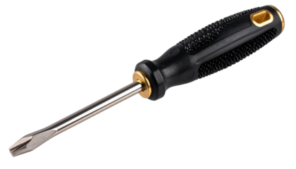 Black screwdriver with a sleek golden handle, featuring a metallic shaft and detailed grip texture. Isolated on transparent PNG background