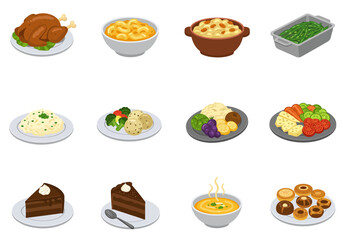 Food selection turkey mac  cheese green beans cake soup other dishesdesserts