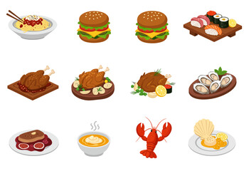 Food spread pasta burgers sushi chicken oysters soup lobster and scallop