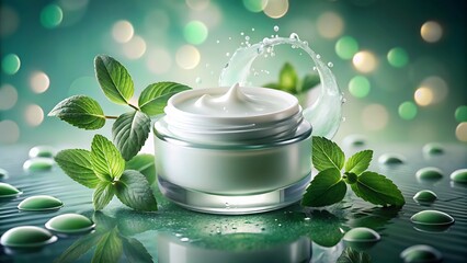 Refreshing mint cream in a glass jar with water splash and bokeh lights