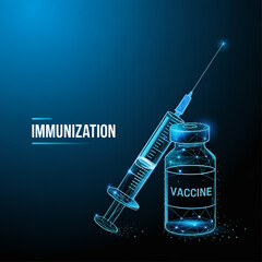 A digital medical illustration of a vaccine vial and syringe rendered in a futuristic wireframe style against a deep blue gradie.
