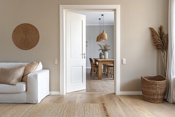 Modern interior design of a living room, featuring a gray sofa and wooden coffee tables over a white wall with copy space, complemented by shelves with home accessories, Generative AI