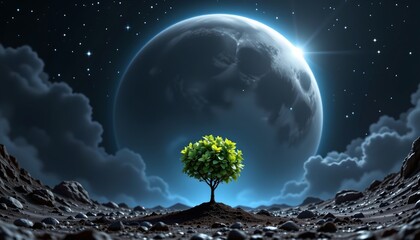 Surreal Nightscape with Celestial Tree and Moon