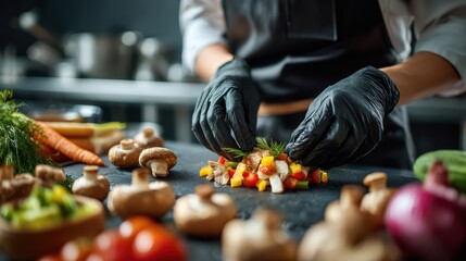 A chef wearing black gloves prepares a colorful vegetable dish in a professional kitchen surrounded by fresh ingredients