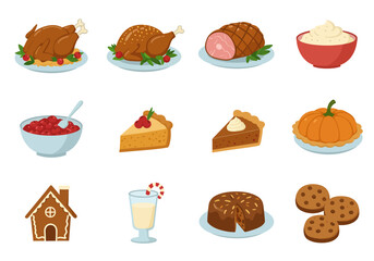 Illustration of holiday dishes including turkey ham cranberries pies a gingerbread house eggnog and cookies
