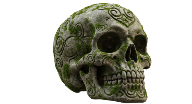 Mossy Stone Skull with Carved Design.