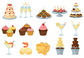 Image displays an array of party foods including cake cupcakes drinks appetizers cheese chocolate fountain and candy