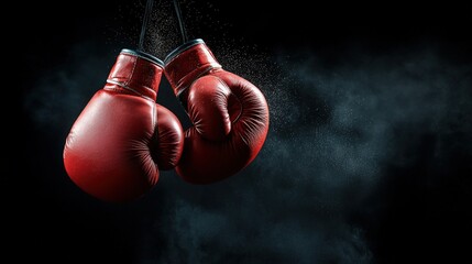 Red boxing gloves hang in a dramatic, smoky backdrop, showcasing their texture and shine, This image can be used for sports articles, fitness promotions, or motivational content related to boxing,