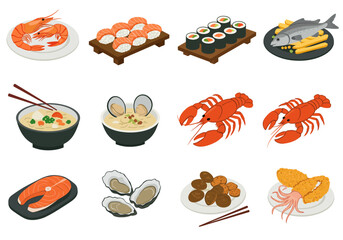 Isometric seafood array shrimp sushi fish soup lobster oysters and fried calamari