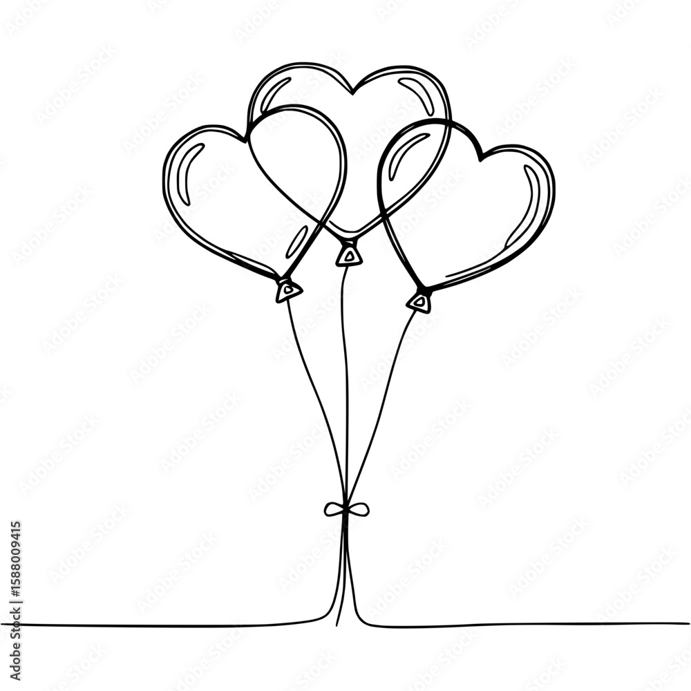 Poster heart-shaped balloons in continuous line drawing, isolated vector image on transparent background