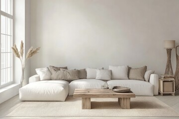 Stylish white and beige living room, computer-generated mockup interior scene