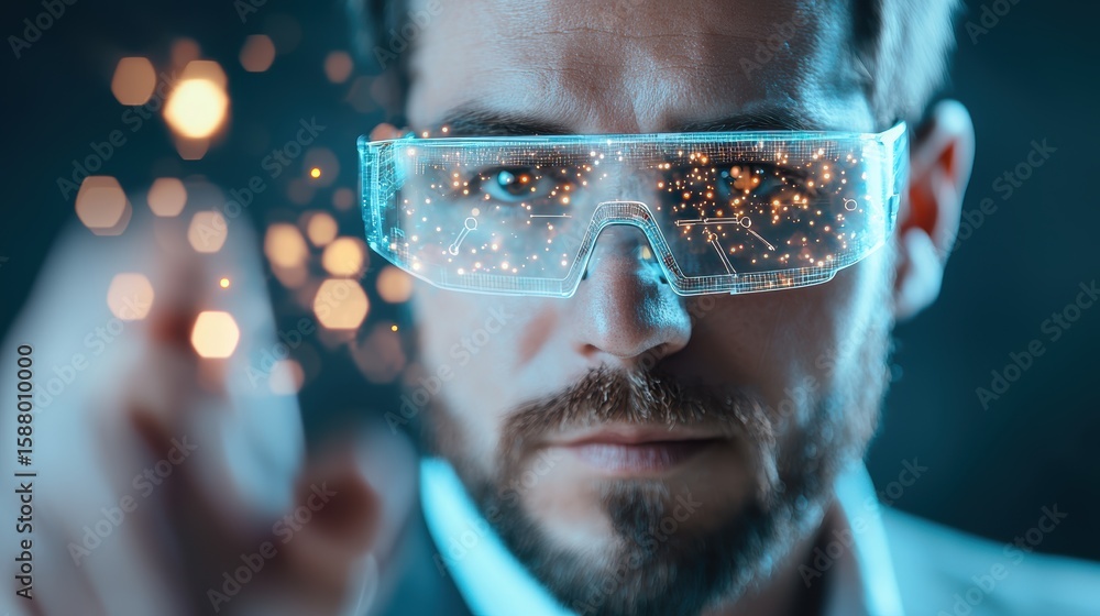 Poster tech businessperson using augmented reality glasses in a high tech environment.