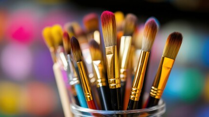 Fototapeta premium A close-up view of an assortment of paintbrushes gathered in a glass holder, showcasing various sizes and colors, Ideal for art-related content, tutorials, or creative projects,