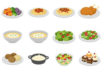Meals cooked vegetables pasta chicken soup salads patties dip  cakes are arrayed