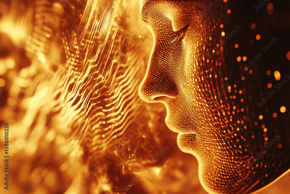 Poster generative ai concept image of sound waves acoustic signals flowing through digital wireframe portra