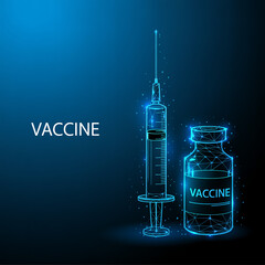 A digital medical illustration of a vaccine vial and syringe rendered in a futuristic wireframe style against a deep blue gradie.