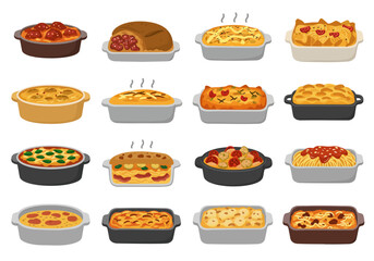 Overhead view of 16 dishes of Italian baked food in various casserole pans with different ingredients