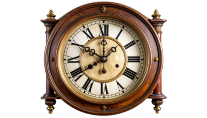 Vintage wall clock with ornate detailing and classic Roman numerals, featuring a round frame and aged finish. PNG file of an isolated cutout object with subtle shadow on a transparent background.