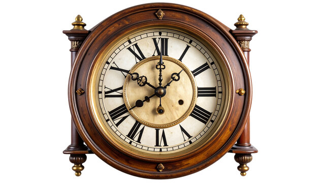 Vintage wall clock with ornate detailing and classic Roman numerals, featuring a round frame and aged finish. PNG file of an isolated cutout object with subtle shadow on a transparent background. - Powered by Adobe