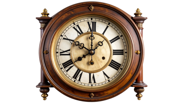Vintage wall clock with ornate detailing and classic Roman numerals, featuring a round frame and aged finish. PNG file of an isolated cutout object with subtle shadow on a transparent background.