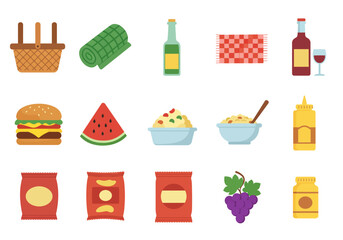 Picnic spread with basket blanket food wine chips fruits and condiments arranged on a white background