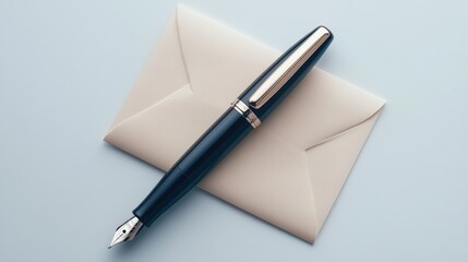 A sleek fountain pen rests beside an elegant envelope, symbolizing communication and sophistication, Ideal for representations of writing, correspondence, or creative projects,